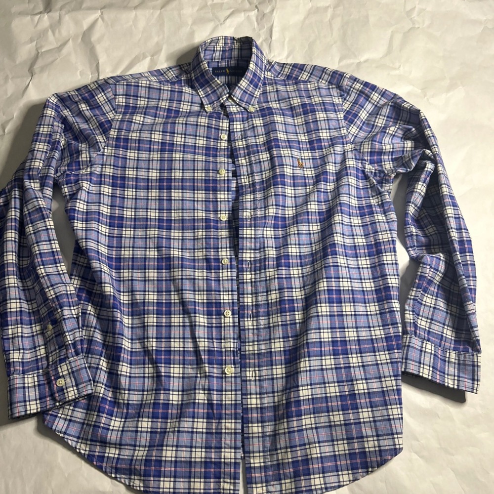 Ralph Lauren Mens Plaid Button Down Shirt Long Sleeve Blue Size L Preppy